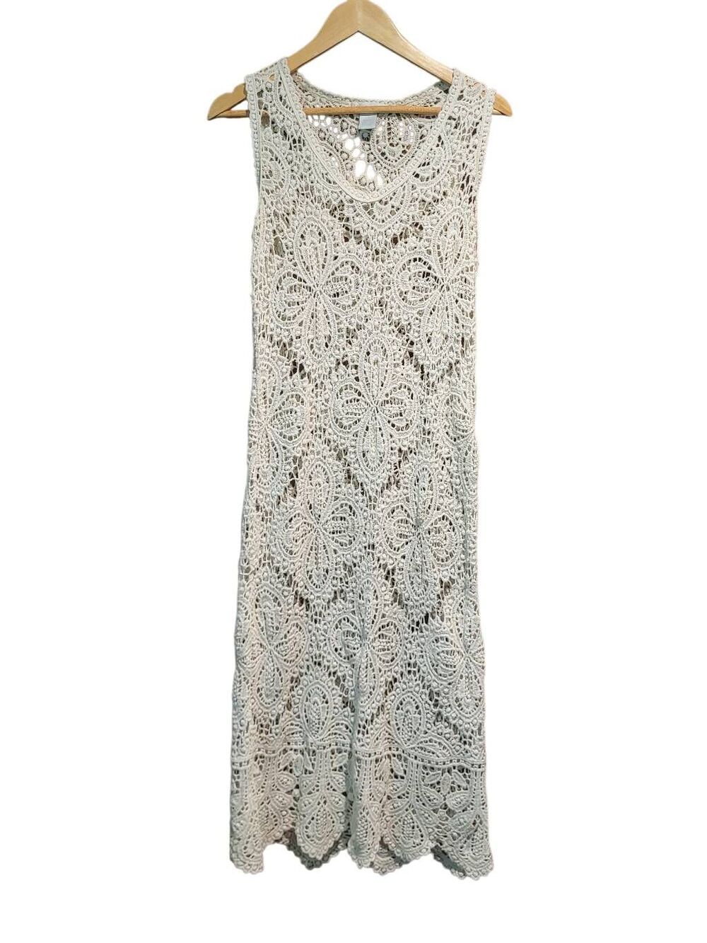 Vintage Dress Women's Small Ivory Cotton Lace Open Crochet Knit Maxi Sheer